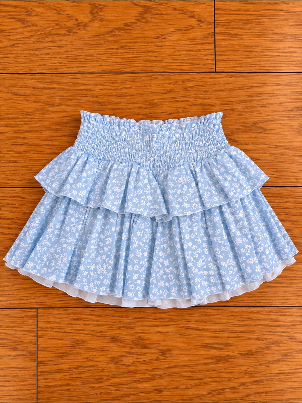 Katie J NYC Light Blue Floral Smocked Ruffle Skirt